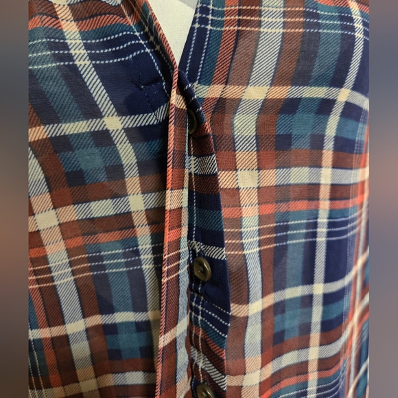 Maeve Sheer Plaid Long Sleeve Button Up Blouse Blue Orange Cream Red Size XS - Picture 6 of 12